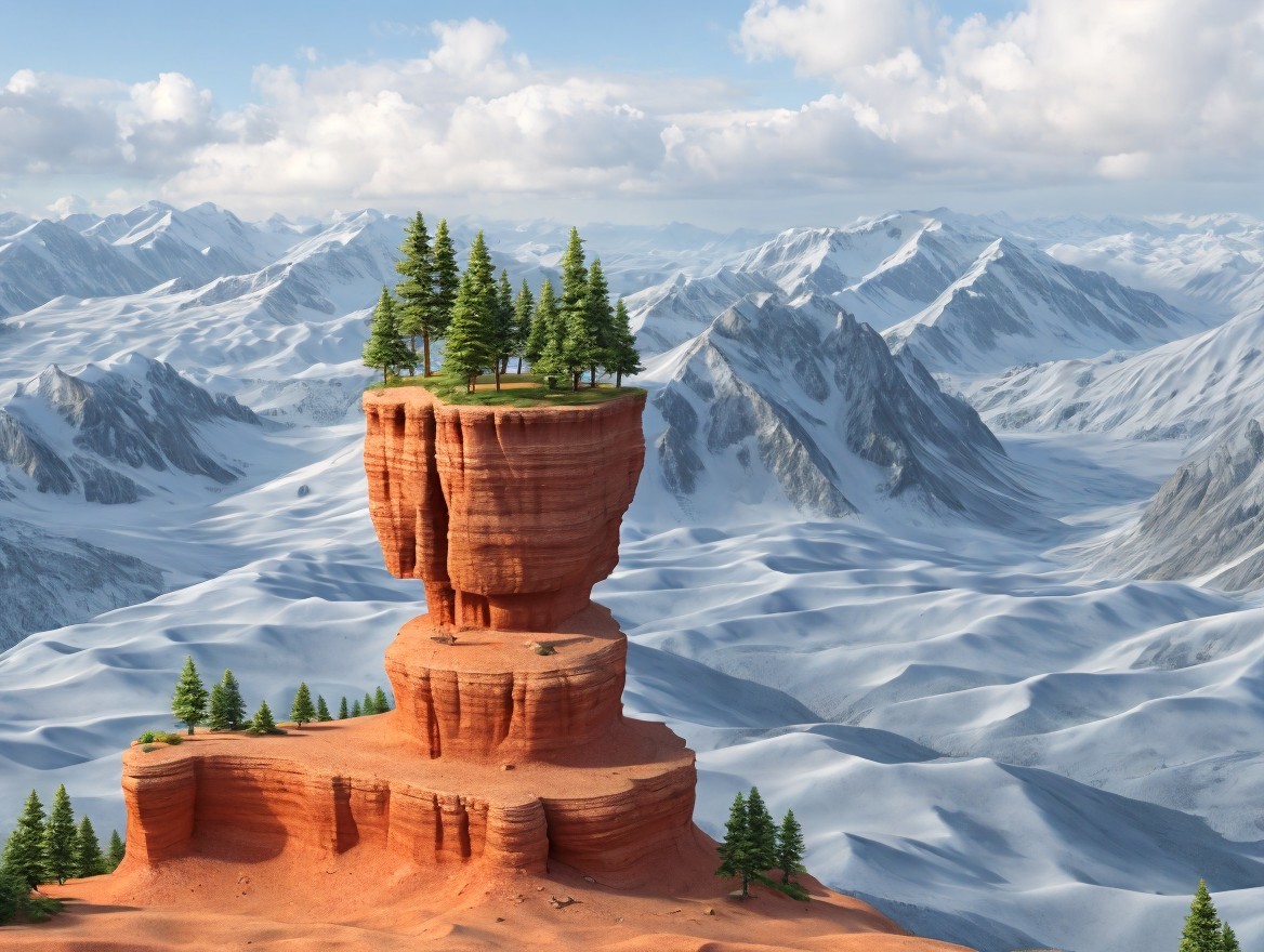 Solitary Rock Formation with Trees in Snowy Mountain Landscape