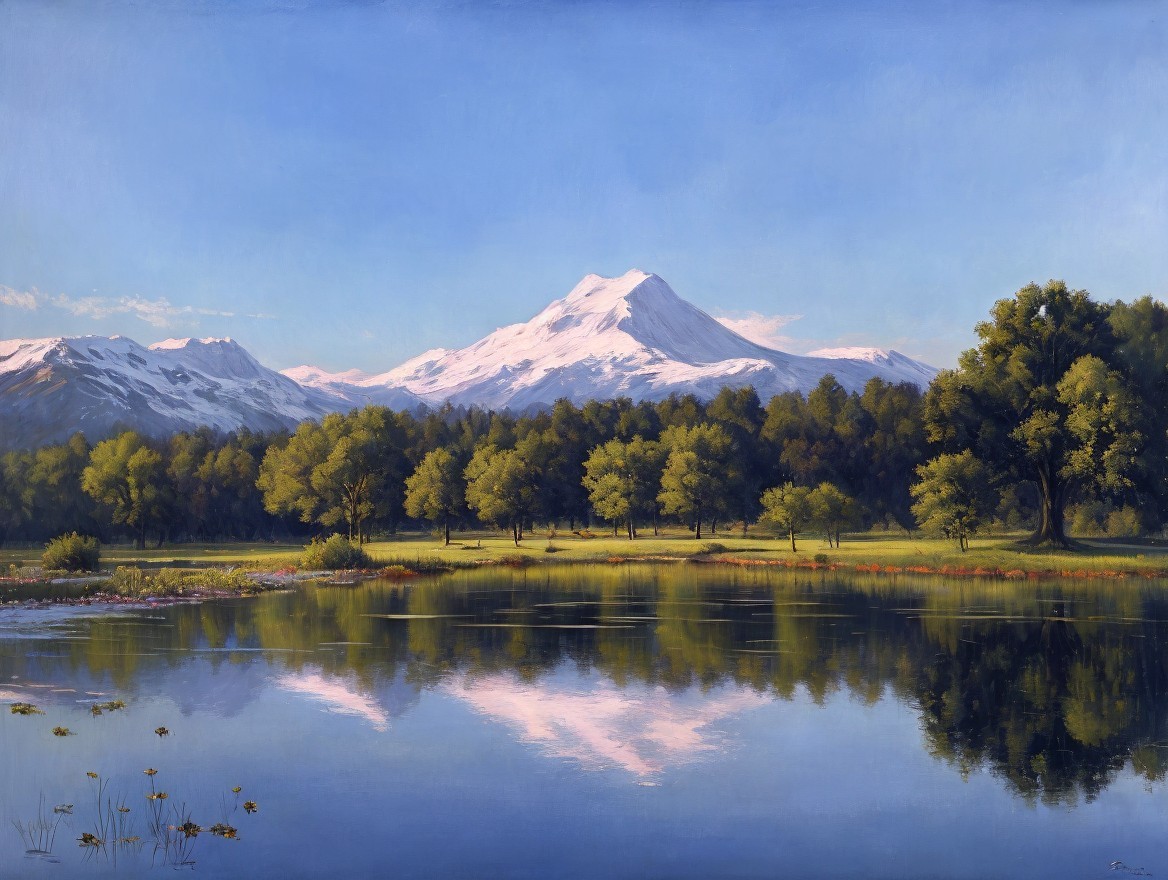 Snow-capped mountains, reflective lake, autumn trees landscape painting