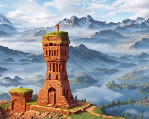 Fantastical brick tower with greenery in mystical landscape