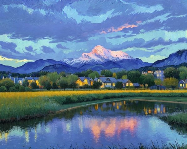 Scenic sunset painting of village by river with mountain