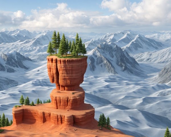 Solitary Rock Formation with Trees in Snowy Mountain Landscape