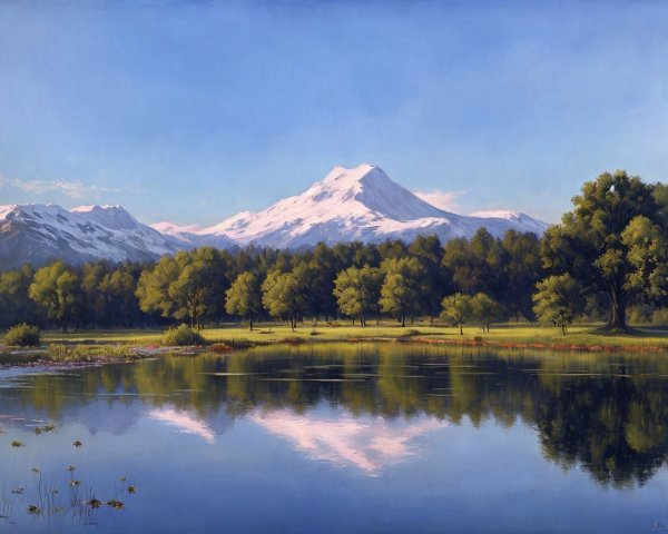 Snow-capped mountains, reflective lake, autumn trees landscape painting