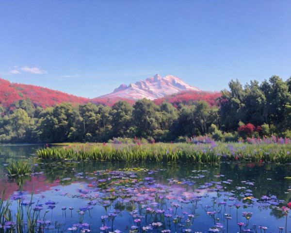 Tranquil lake with water lilies, colorful flora, and mountain scenery