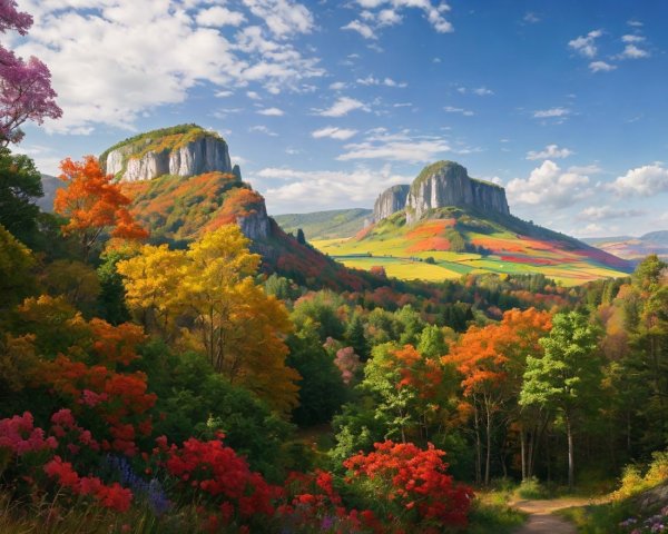 Vibrant autumn landscape with cliffs and fields