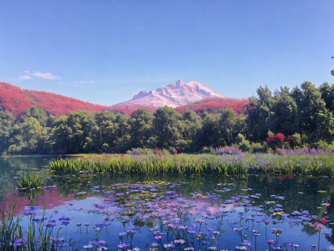 Tranquil lake with water lilies, colorful flora, and mountain scenery