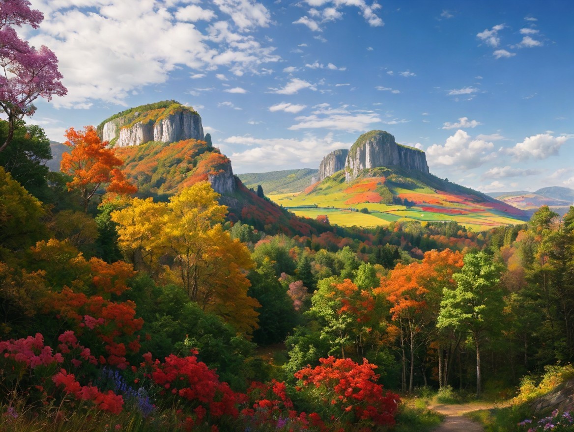 Vibrant autumn landscape with cliffs and fields