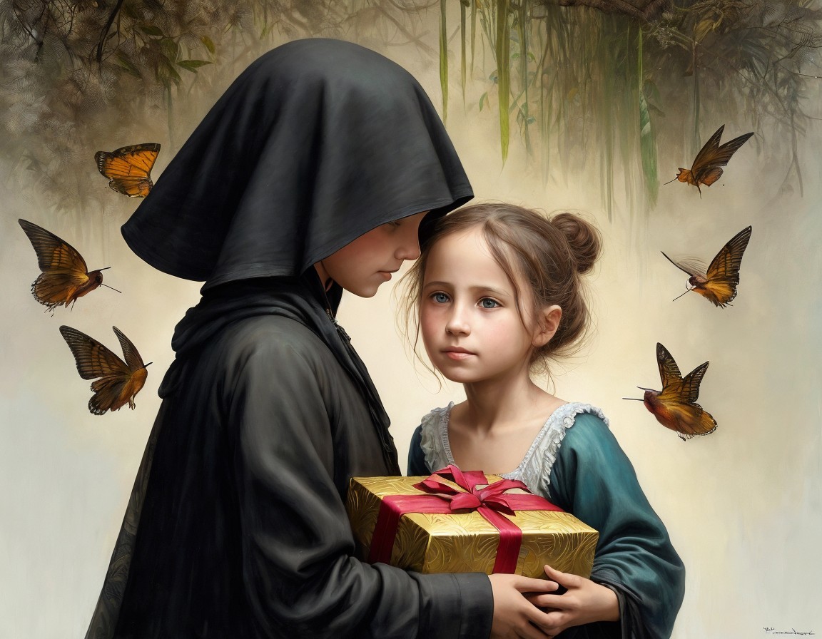 Hooded figure presenting gift to girl surrounded by butterflies