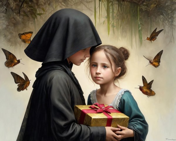 Hooded figure presenting gift to girl surrounded by butterflies