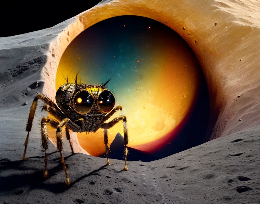 Giant spider on lunar-like surface with oversized planet in background