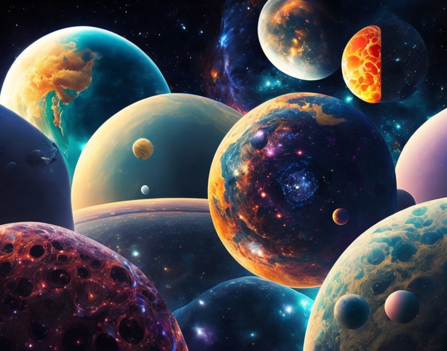 Colorful Fantastical Planets and Moons in Cosmic Scene