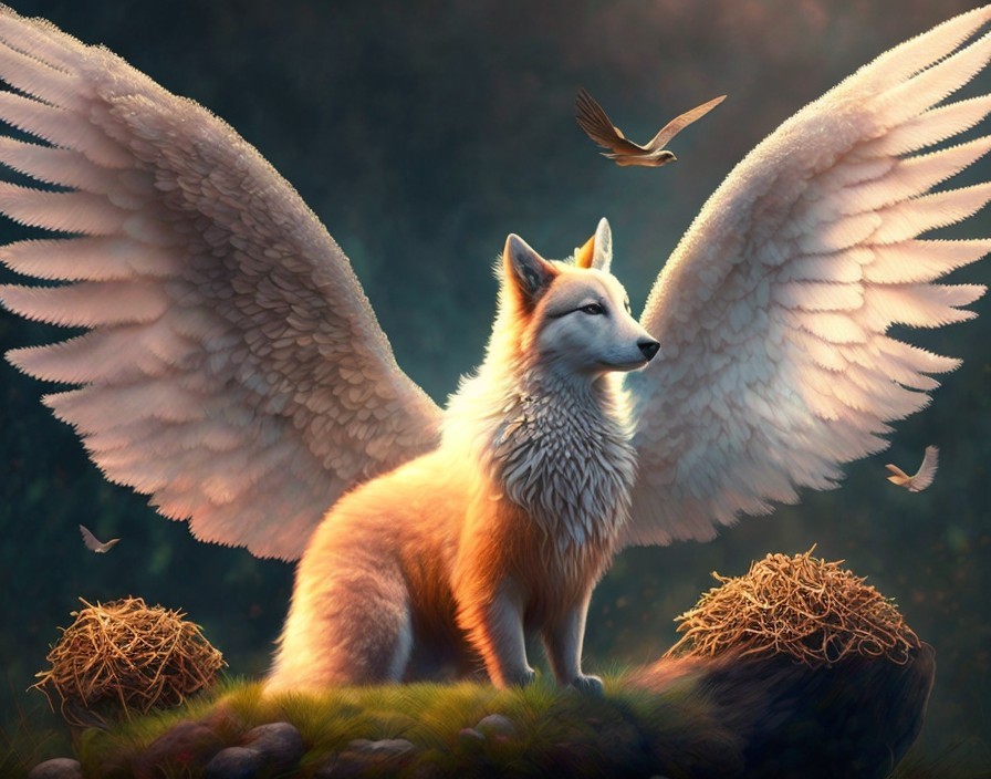 Majestic fox with white wings on grassy knoll among nests and birds.
