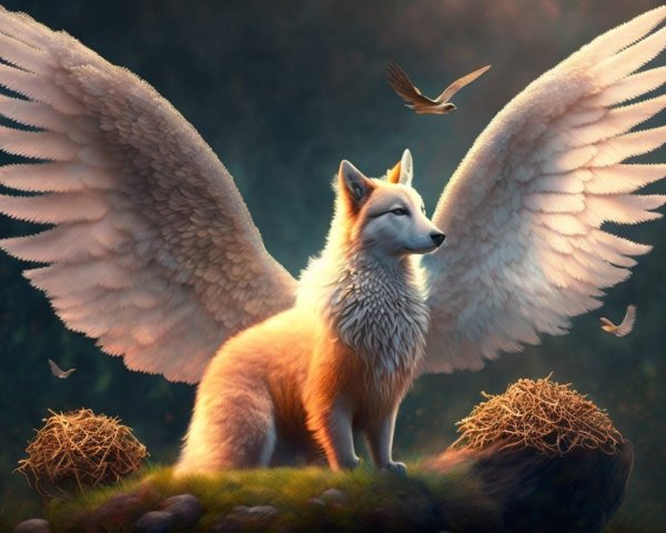 Majestic fox with white wings on grassy knoll among nests and birds.