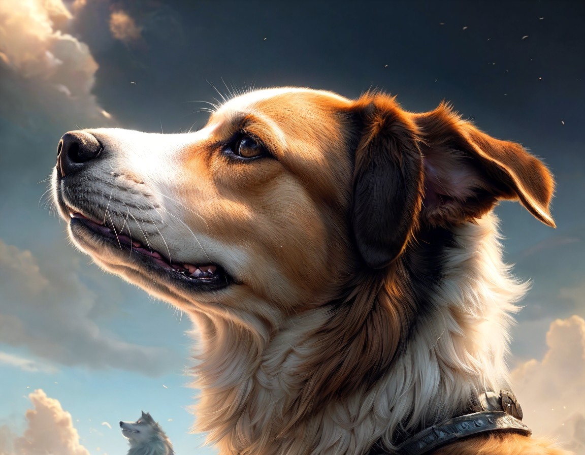 Brown and White Dog with Leather Collar Against Blue Sky