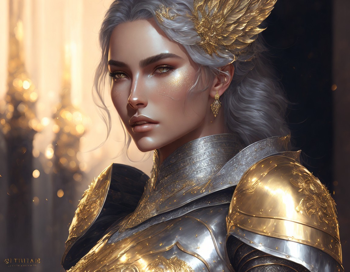 Fantasy warrior digital art: silver hair, golden armor, sunlit backdrop