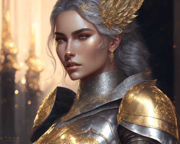 Fantasy warrior digital art: silver hair, golden armor, sunlit backdrop