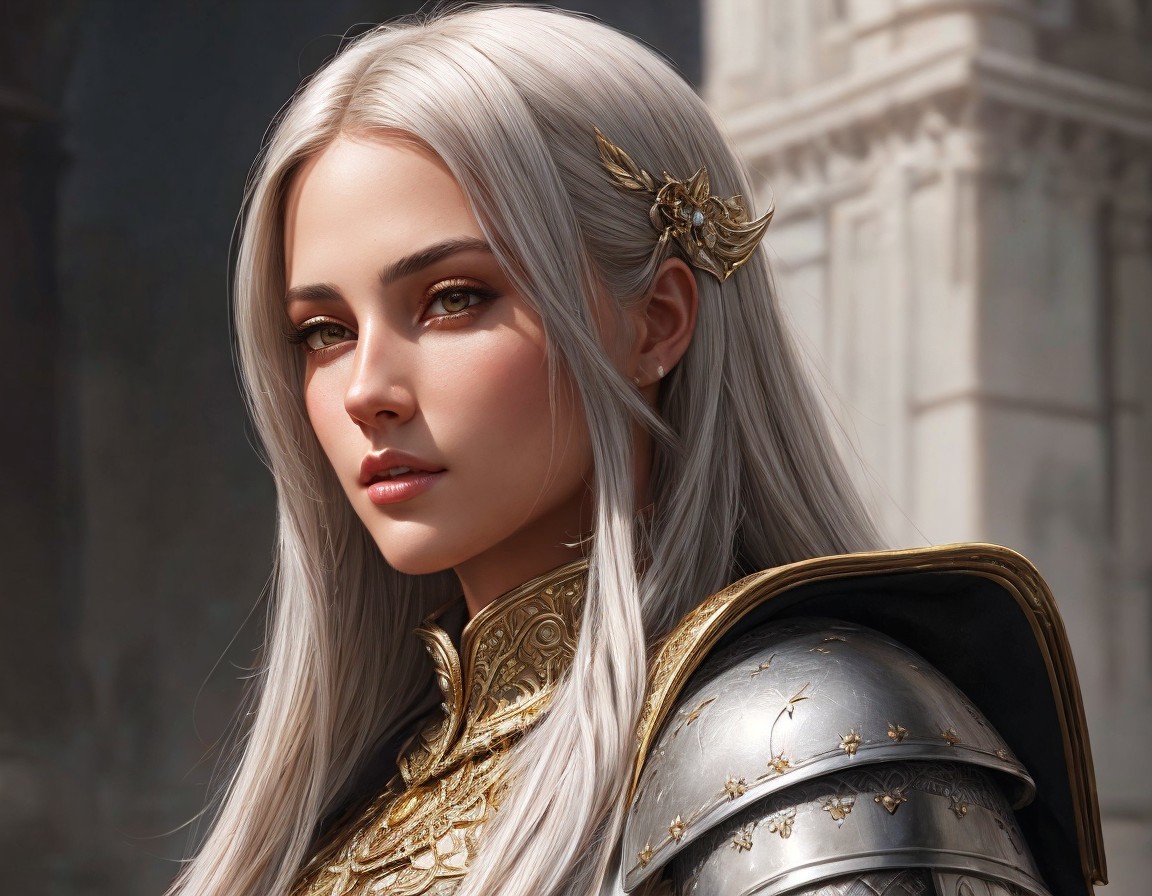 Digital artwork: Woman with white hair, gold armor, contemplative expression