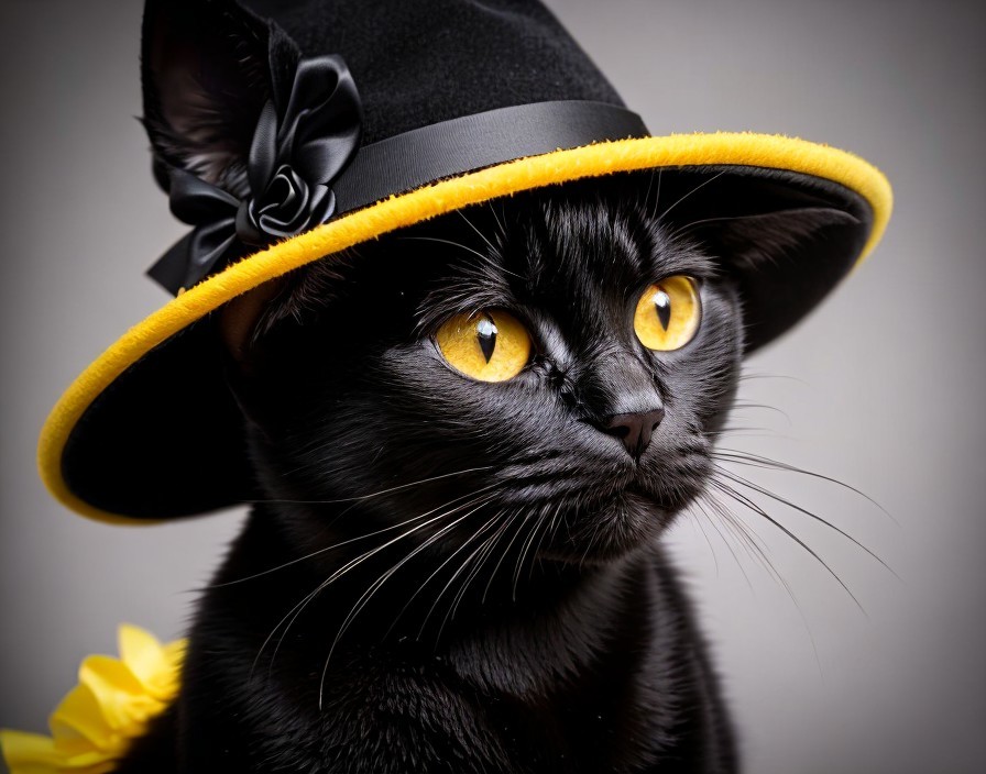 Black Cat with Yellow Eyes in Elegant Hat on Gray Background