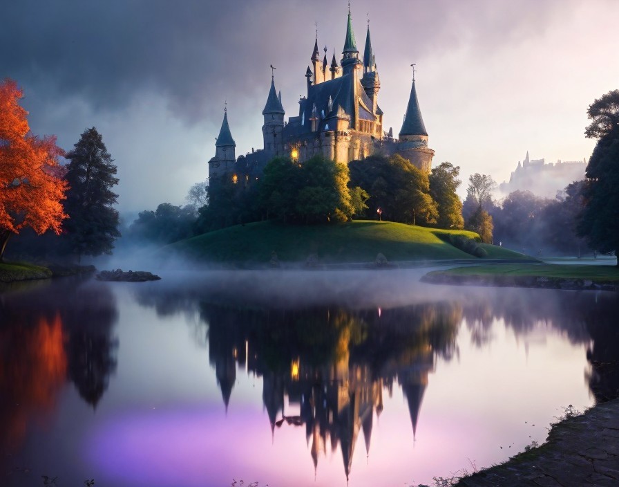 Majestic castle in foggy dawn with autumn trees and purple sky