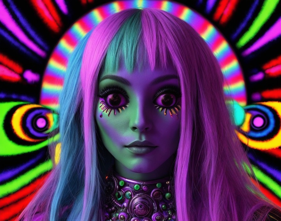 Colorful portrait of a female figure with purple skin and multi-colored hair on swirling background