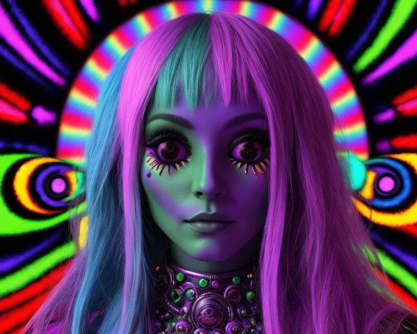 Colorful portrait of a female figure with purple skin and multi-colored hair on swirling background