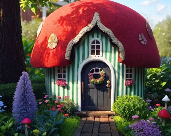 Whimsical mushroom-shaped garden house with red cap and white spots surrounded by vibrant flowers.