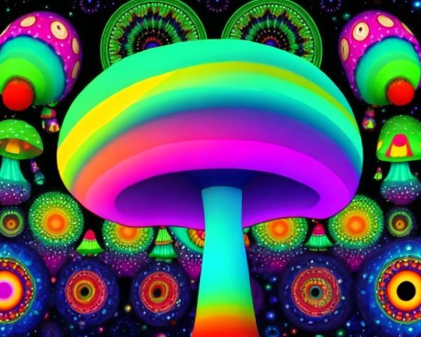 Colorful digital art: Large rainbow mushroom with fractal patterns.