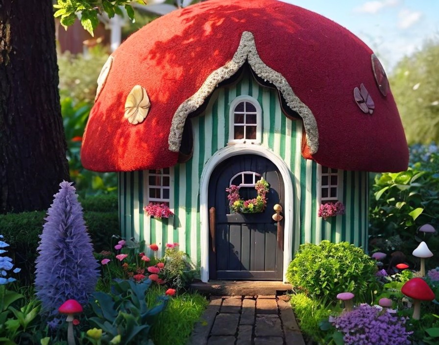 Whimsical mushroom-shaped garden house with red cap and white spots surrounded by vibrant flowers.