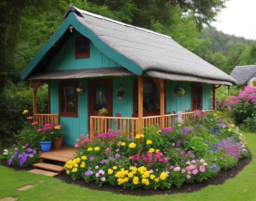 Turquoise cottage with sloping roof in lush green landscape
