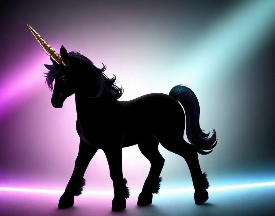 Majestic unicorn silhouette on purple and blue gradient.