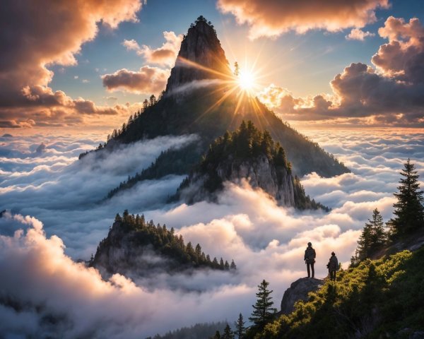 Hikers witness sunrise over mountain peak and clouds.