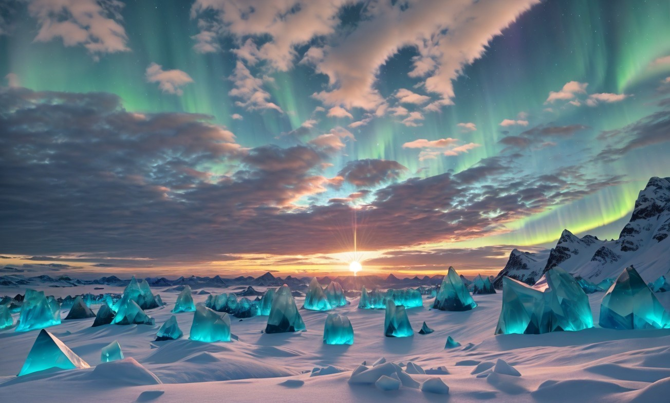 Polar landscape at sunset with northern lights above ice-covered mountains