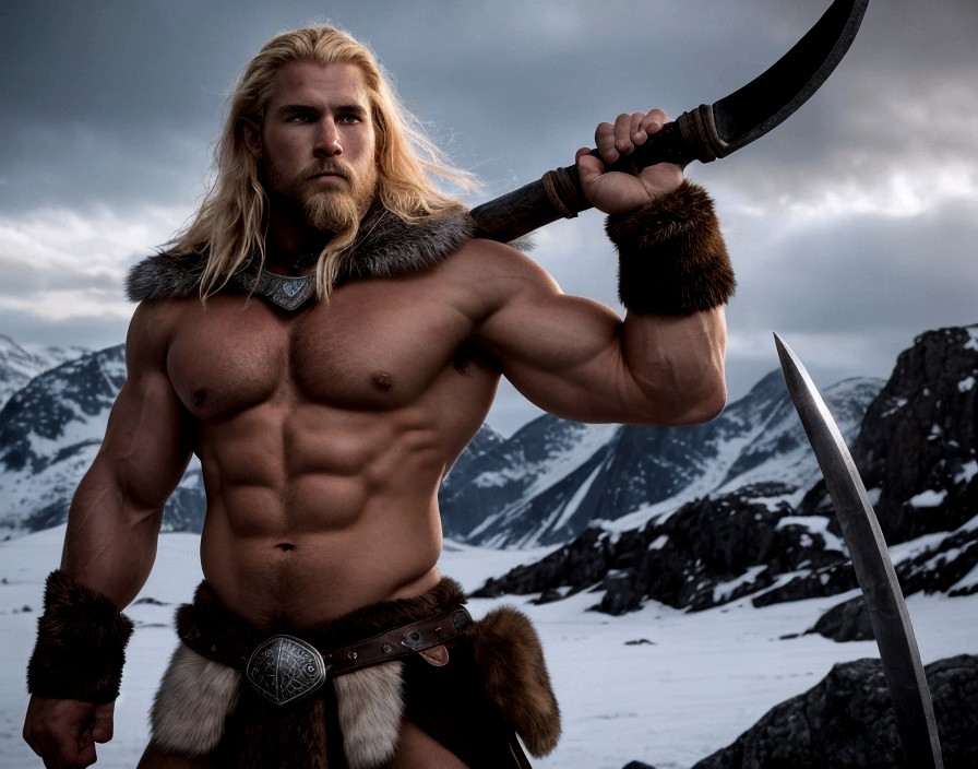 Muscular man in leather and fur with curved sword against snowy mountains