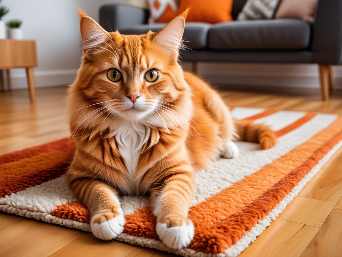 Orange Tabby Cat on Striped Rug with Wooden Floor