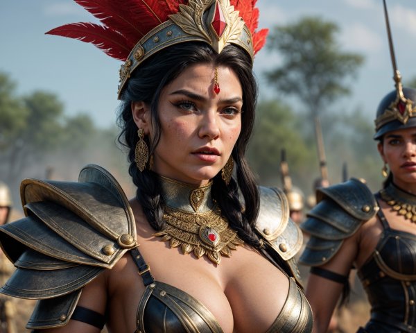 Fierce Warrior in Ornate Armor with Vibrant Feathers