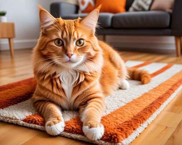 Orange Tabby Cat on Striped Rug with Wooden Floor