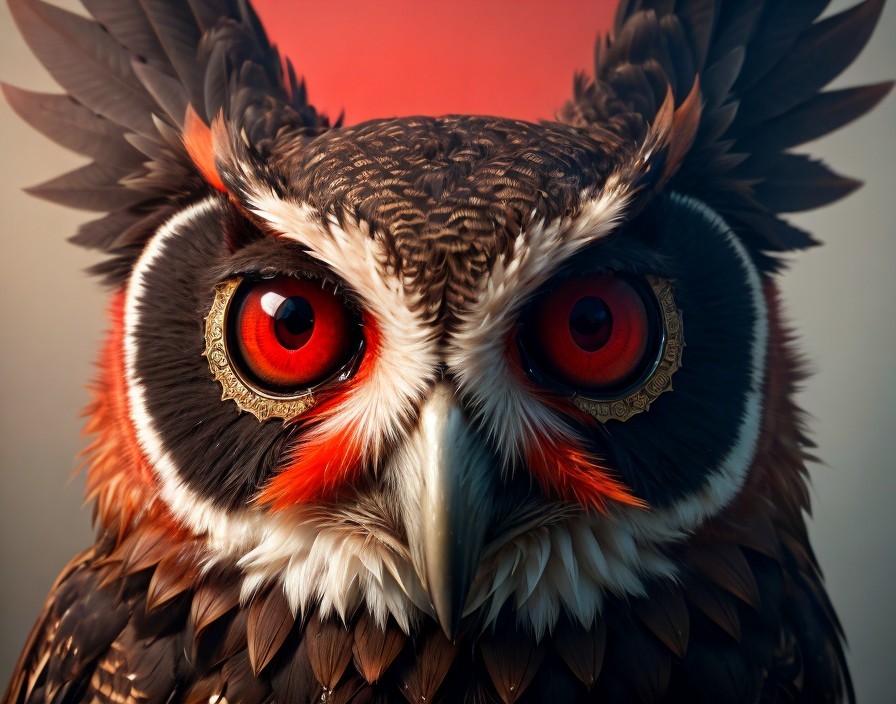 Detailed Close-Up of Owl with Red Eyes and Brown Feathers