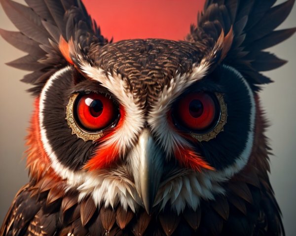 Detailed Close-Up of Owl with Red Eyes and Brown Feathers