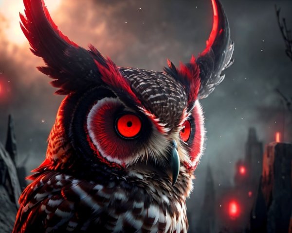 Eerie owl illustration with glowing red eyes and horns in dark setting