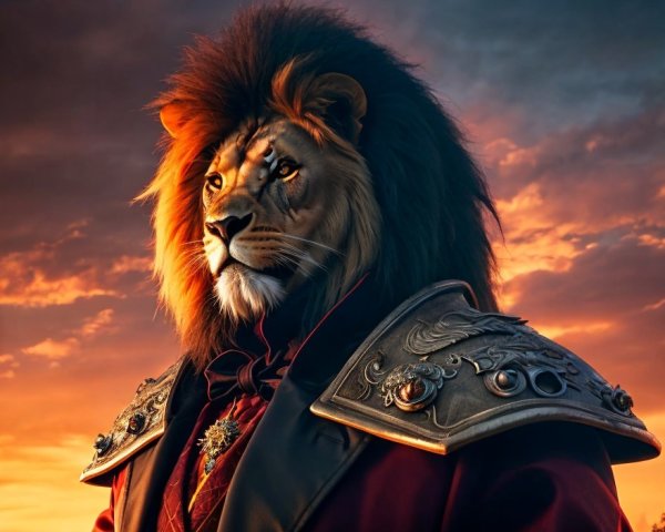 Regal anthropomorphic lion in red jacket against sunset sky