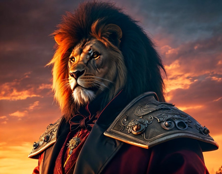 Regal anthropomorphic lion in red jacket against sunset sky