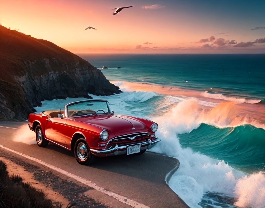 Red Convertible Parked on Coastal Road at Sunset