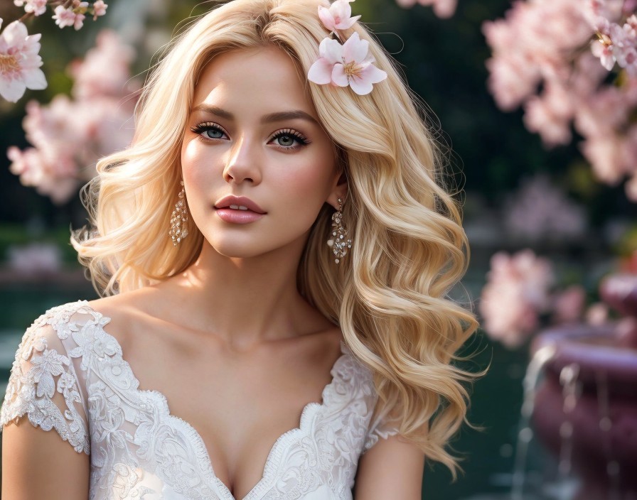 Blonde woman in white lace dress with pink blossoms portrait