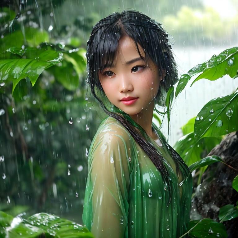 Young woman with wet hair in rain shower among green leaves