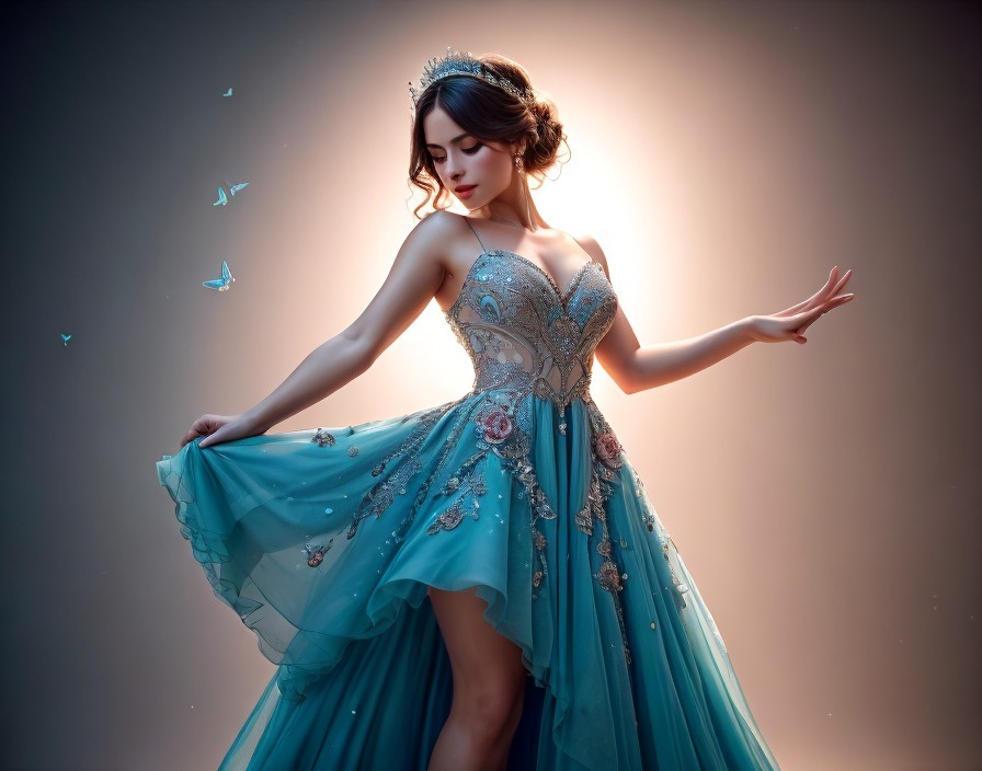 Elegant woman in blue gown with tiara and butterflies against soft-lit backdrop