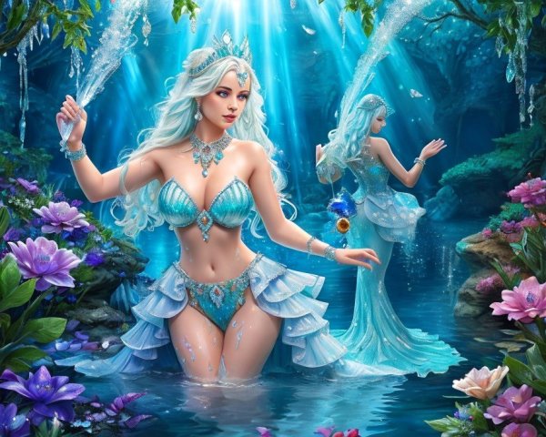 Fantasy illustration: Two mermaids with blue and turquoise tails by a mystical river.