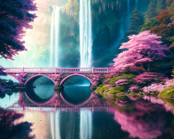 Tranquil landscape: bridge, cherry blossoms, waterfall in misty pink ambiance