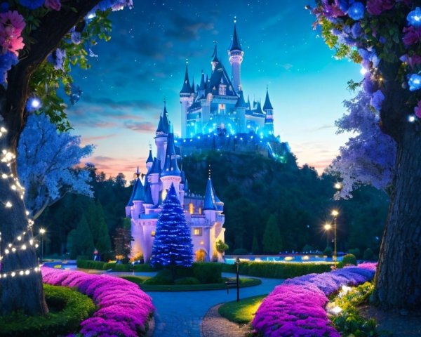 Enchanting Castle with Colorful Lights and Manicured Gardens