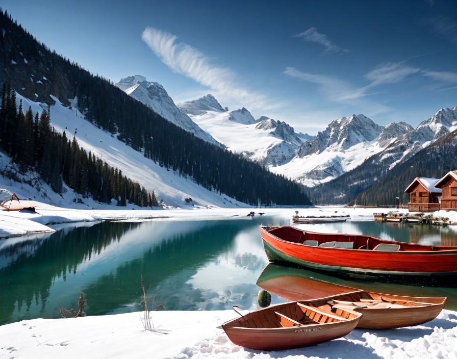Tranquil Mountain Lake Scene with Boats, Cabins, and Snowy Peaks