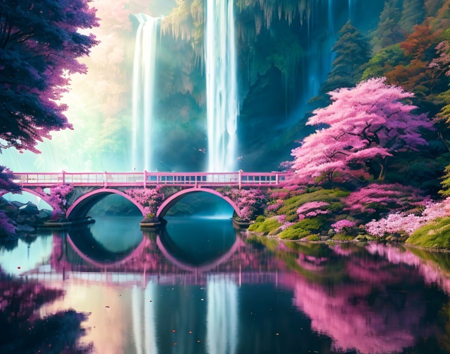 Tranquil landscape: bridge, cherry blossoms, waterfall in misty pink ambiance