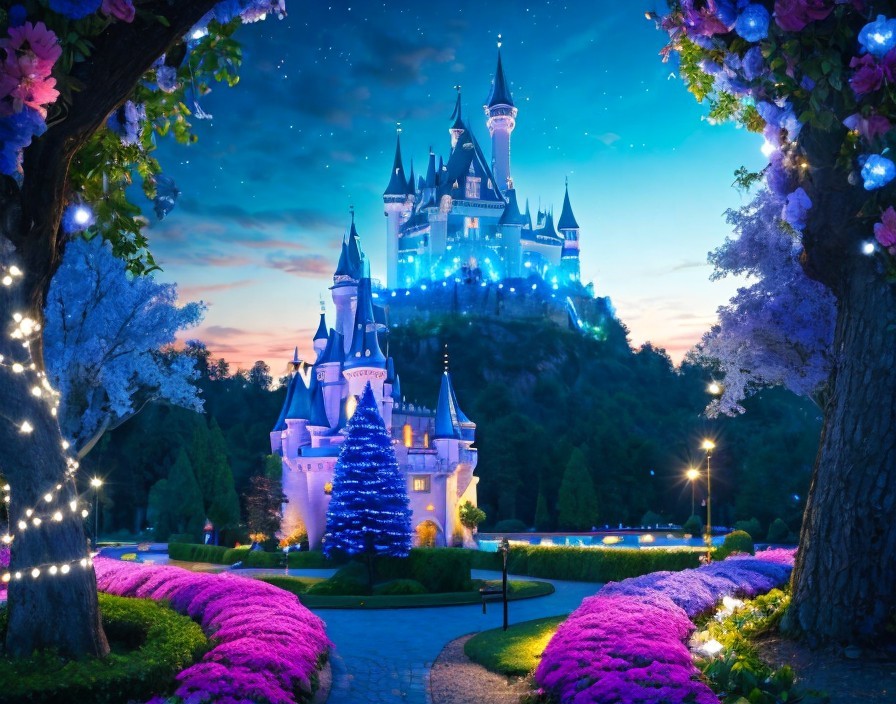 Enchanting Castle with Colorful Lights and Manicured Gardens